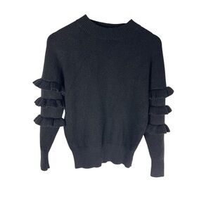 Line & Dot Black Ruffle Knit Sweater – Feminine Statement Sleeve, Size XS